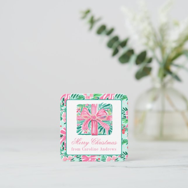 Tarjeta Pequeña Gabinete preppy de regalo de Navidad rosa y verde (Anverso de pie)