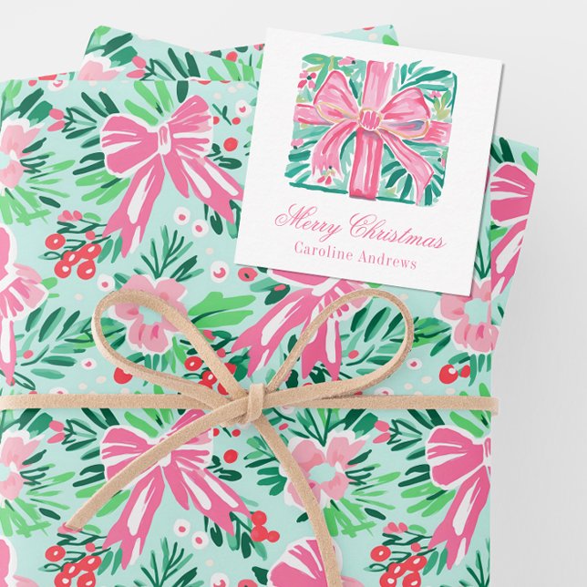 Tarjeta Pequeña Gabinete preppy de regalo de Navidad rosa y verde (Subido por el creador)
