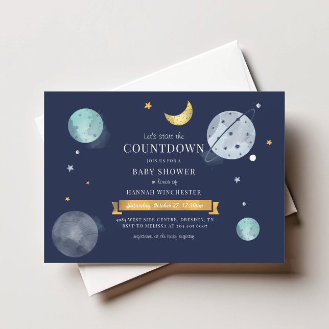 Tarjeta Pequeña Galaxia de acuarela del espacio exterior Baby Show (Outer Space Navy Blue Mini Baby Shower Invitation)