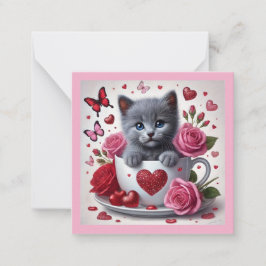Tarjeta Pequeña Gatito Azul Ruso Día de San Valentín Aula 