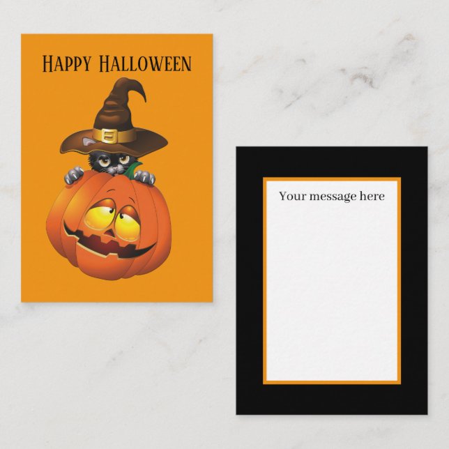 Tarjeta Pequeña gatito de calabaza de Halloween divertido agrega m (Anverso / Reverso)