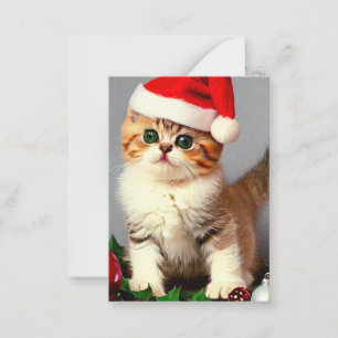 Tarjeta Pequeña Gatito vintage de Navidad con sombrero de Santa