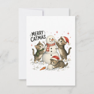 Tarjeta Pequeña Gatitos de Navidad Construyendo un Muñeco de Nieve
