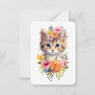 Tarjeta Pequeña Gato adorable de acuarela con flores