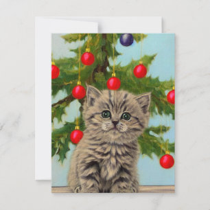 Tarjeta Pequeña Gato Antiguo y Árbol de Navidad