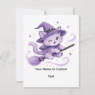 Tarjeta Pequeña Gato bruja morado lindo en escoba Halloween