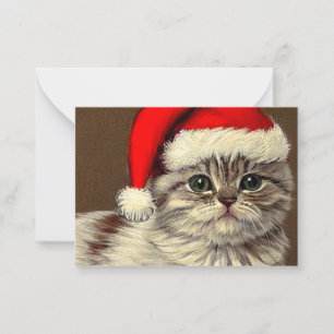 Tarjeta Pequeña Gato de Navidad Vintage con Sombrero de Santa