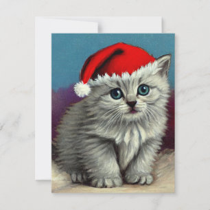 Tarjeta Pequeña Gato de Navidad Vintage con Sombrero de Santa