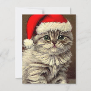 Tarjeta Pequeña Gato de Navidad Vintage con Sombrero de Santa