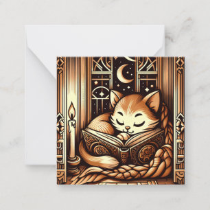 Tarjeta Pequeña Gato durmiendo al estilo Art Deco con un libro