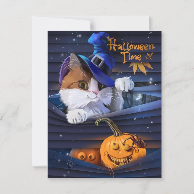 Tarjeta Pequeña Gato en gorra mago y calabaza de halloween (Anverso)