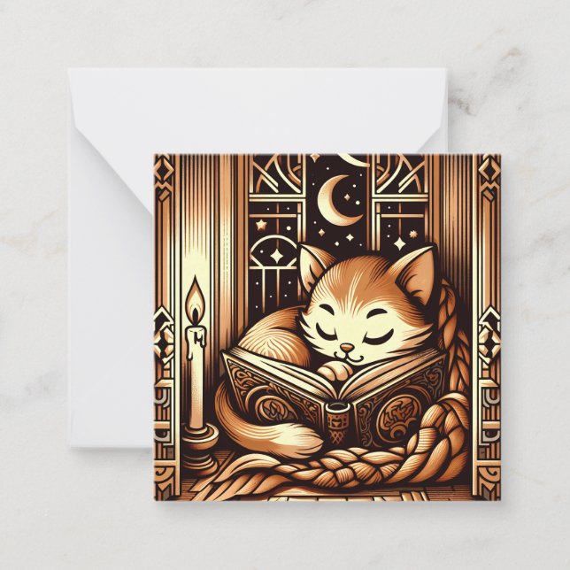 Tarjeta Pequeña Gato estilo Art Decó Dormido con un libro (Anverso)