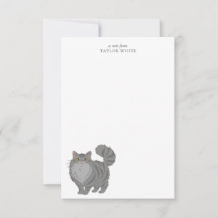 Tarjeta Pequeña Gato Gris Tabby de Pelo Largo Adorable Gracias