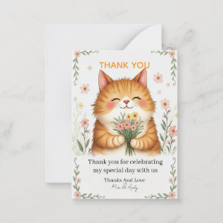 Tarjeta Pequeña Gato Naranja con un Ramo de Flores Gracias