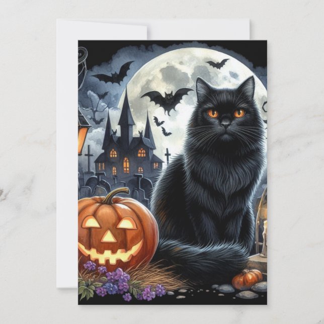 Tarjeta Pequeña Gato negro de Halloween Jack O Linterna  (Anverso)