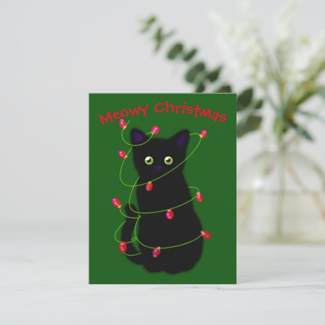 Tarjeta Pequeña Gato negro | Navidades Meowy | luces de trinquete  (Anverso de pie)