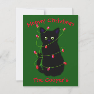 Tarjeta Pequeña Gato negro | Navidades Meowy | luces de trinquete 