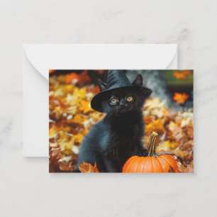 Tarjeta Pequeña Gato Negro y Calabaza de Halloween
