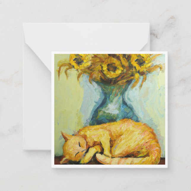 Tarjeta Pequeña Gato Van Gogh con girasoles (Anverso)