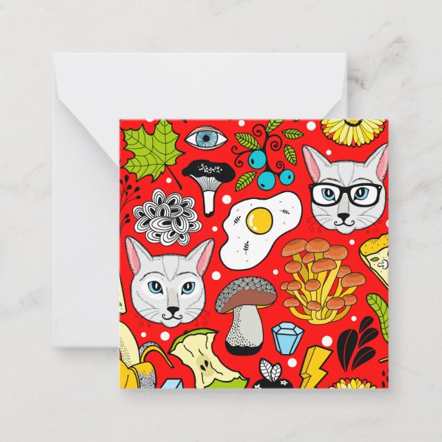 Tarjeta Pequeña Gato y huevo en rojo (Anverso)