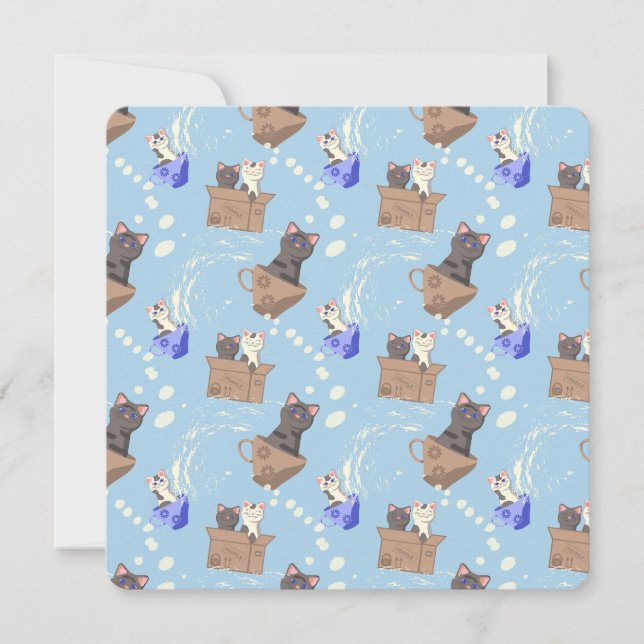 Tarjeta Pequeña Gatos en caja y gotas de leche en azul (Anverso)