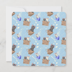 Tarjeta Pequeña Gatos en caja y gotas de leche en azul