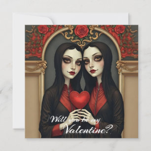 Tarjeta Pequeña Gemelas góticas de San Valentín con corazón rojo