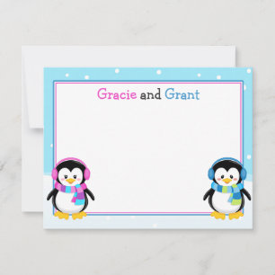 Tarjeta Pequeña Gemelos de pingüino, nota, gemelos de niño/Chica