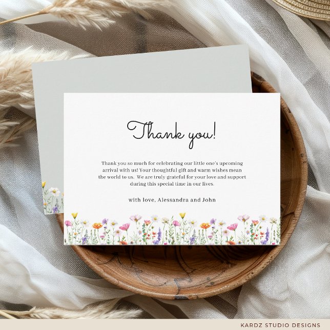 Tarjeta Pequeña Gender-Neutral Wildflower Baby Shower (Thank-you card is shown in 3.5 x 5 inches, personalize and choose size, paper, and corner style.)