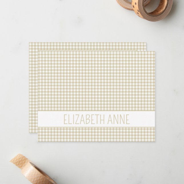 Tarjeta Pequeña Gingham a cuadros beige y blanco personalizado (Anverso/Reverso In Situ)