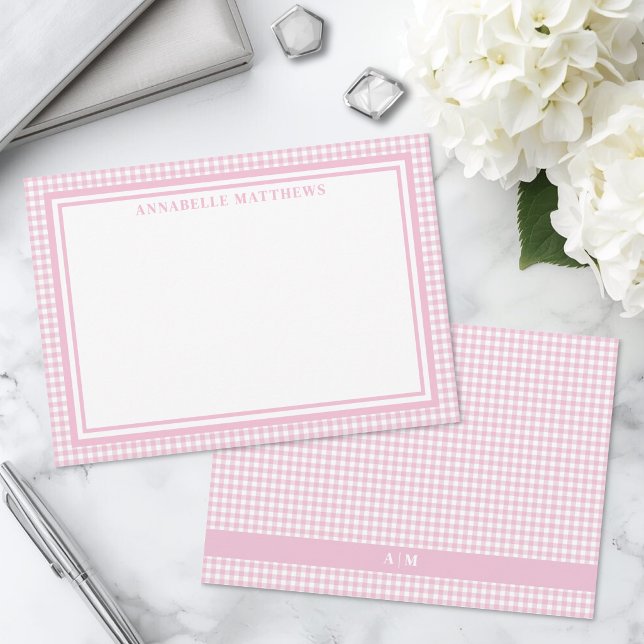 Tarjeta Pequeña Gingham de Cuadros Rosa Personalizado (Personalized Pink Gingham Plaid Note Card )