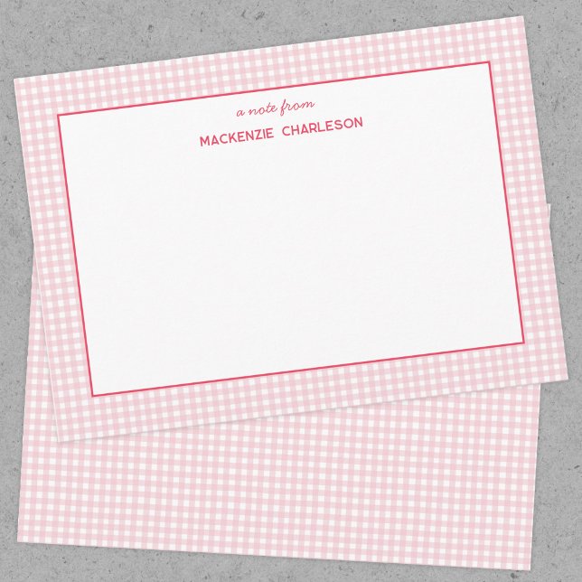 Tarjeta Pequeña Gingham Rosa Personalizado (Pink gingham personalized custom name notecard)