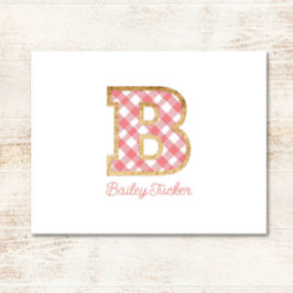 Tarjeta Pequeña Gingham rosa Rústica y Preppy "B" en Wood Girly