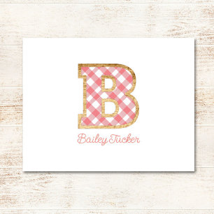 Tarjeta Pequeña Gingham rosa Rústica y Preppy "B" en Wood Girly