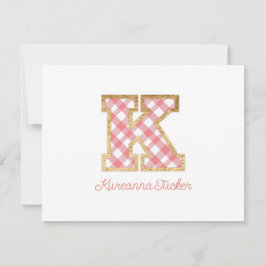 Tarjeta Pequeña Gingham rosa Rústica y Preppy "K" en Wood Girly