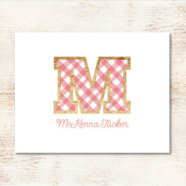 Tarjeta Pequeña Gingham rosa Rústica y Preppy "M" en Wood Girly