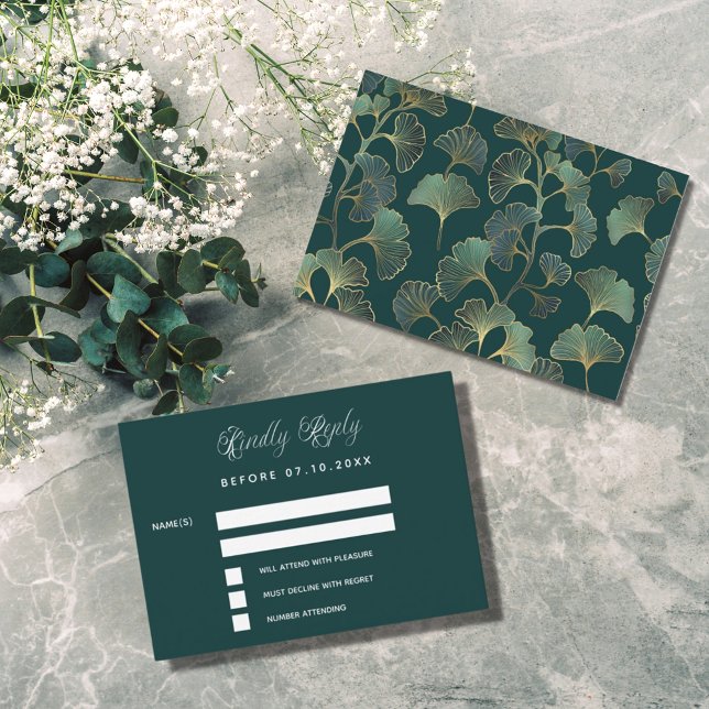 Tarjeta Pequeña Ginkgo verde esmeralda deja respuesta boda RSVP (Subido por el creador)