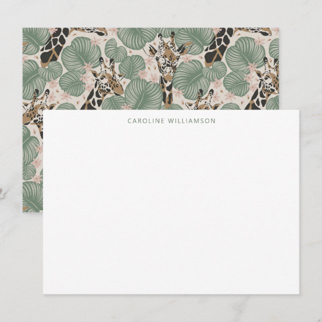 Tarjeta Pequeña Giraffe Tropical Leaf Personalized Stationery  (Anverso / Reverso)
