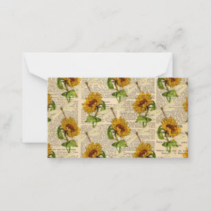 Tarjeta Pequeña Girasoles Libélulas Antiguo Periódico Estilo Campe