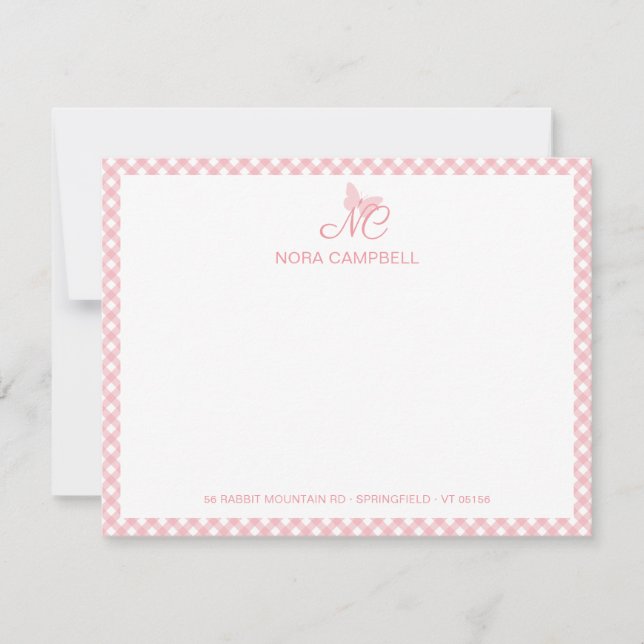 Tarjeta Pequeña Giro Nombre Monograma Peach Pink Gingham Border (Anverso)