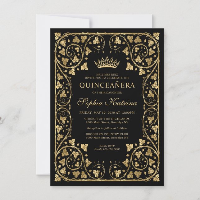 Tarjeta Pequeña Glam Black Gold Quinceanera (Anverso)