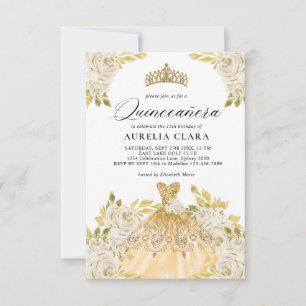 Tarjeta Pequeña Glam Ivory Gold Vestido Floral 15 Quinceañera