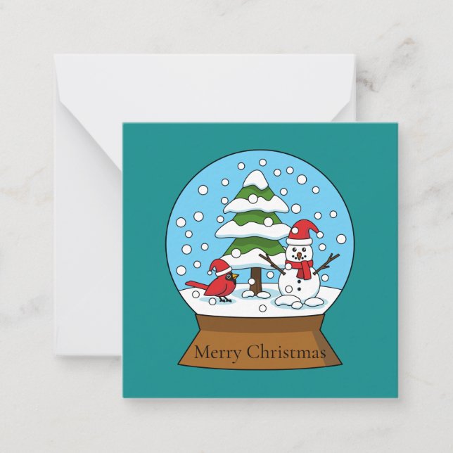 Tarjeta Pequeña Globe de nieve con cardenal Snowman y árbol de pin (Anverso)