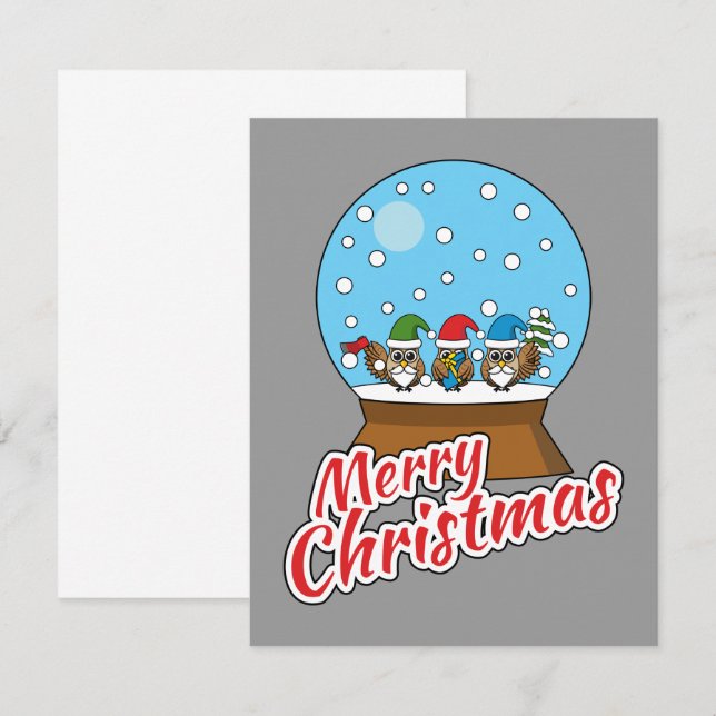 Tarjeta Pequeña Globo de Nieve con Tres Gnomos Búhos (Anverso / Reverso)