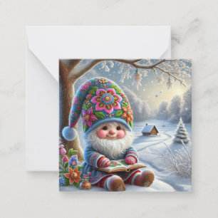 Tarjeta Pequeña Gnomo Adorable de Invierno en un Paisaje Invernal