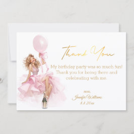 Tarjeta Pequeña Gold Script Pink Dress Girl Birthday Thank You