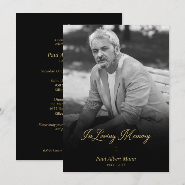 Tarjeta Pequeña Golden In Loving Memory BW Photo Funeral Service (Anverso / Reverso)