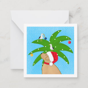 Tarjeta Pequeña Golden Retriever Santa y Ayudantes Adornando el Ár