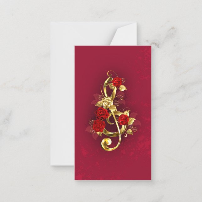 Tarjeta Pequeña Golden Treble Clef con flores Rosas (Anverso)