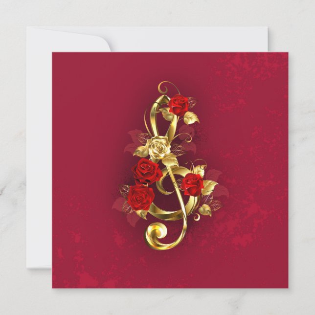 Tarjeta Pequeña Golden Treble Clef con flores Rosas (Anverso)